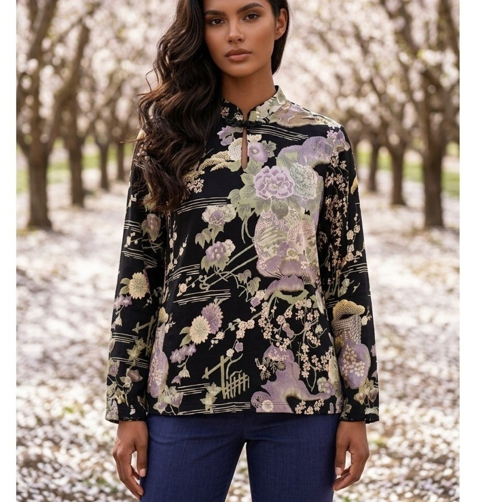 Lane Bryant 14/16 Vintage Asian Floral Frog Closure Blouse Black  Mandarin